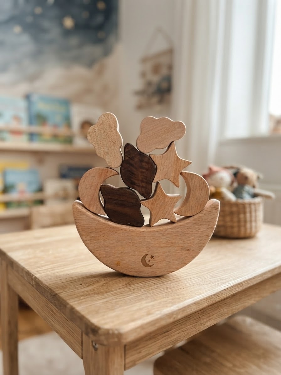 Montessori Holz-Balancespiel "Mond & Wolken" mit Beutel