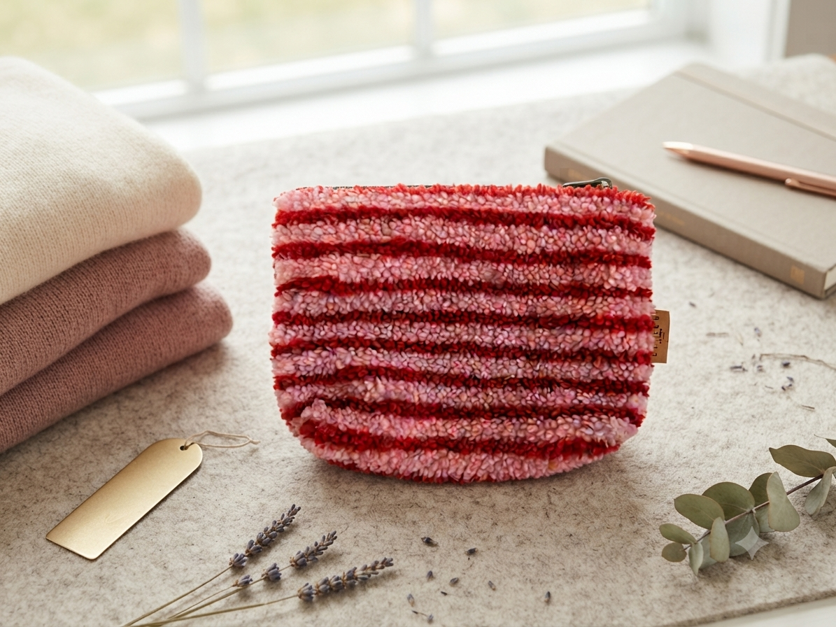 Kosmetiktasche Flauschige Make-up-Tasche / Rot-Rosa gestreift