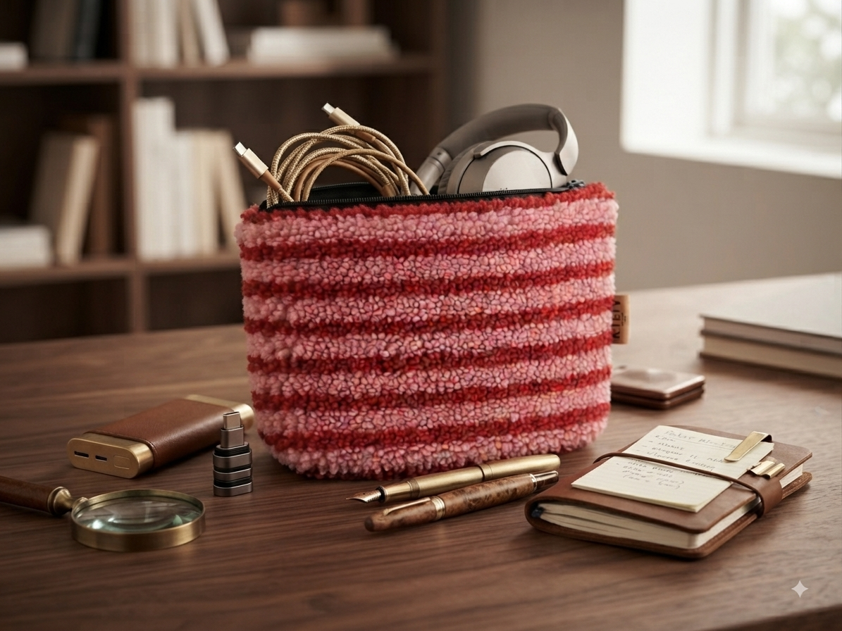 Kosmetiktasche Flauschige Make-up-Tasche / Rot-Rosa gestreift