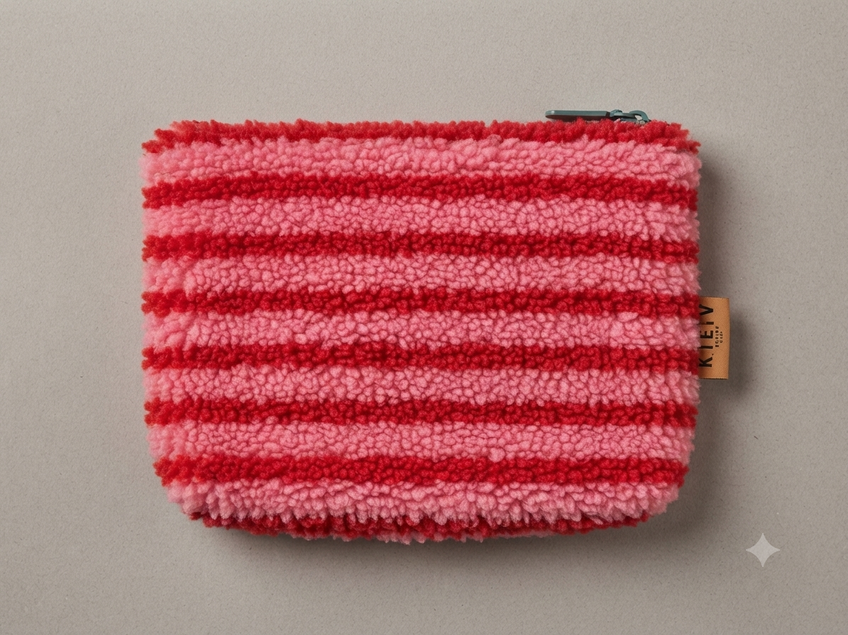 Kosmetiktasche Flauschige Make-up-Tasche / Rot-Rosa gestreift