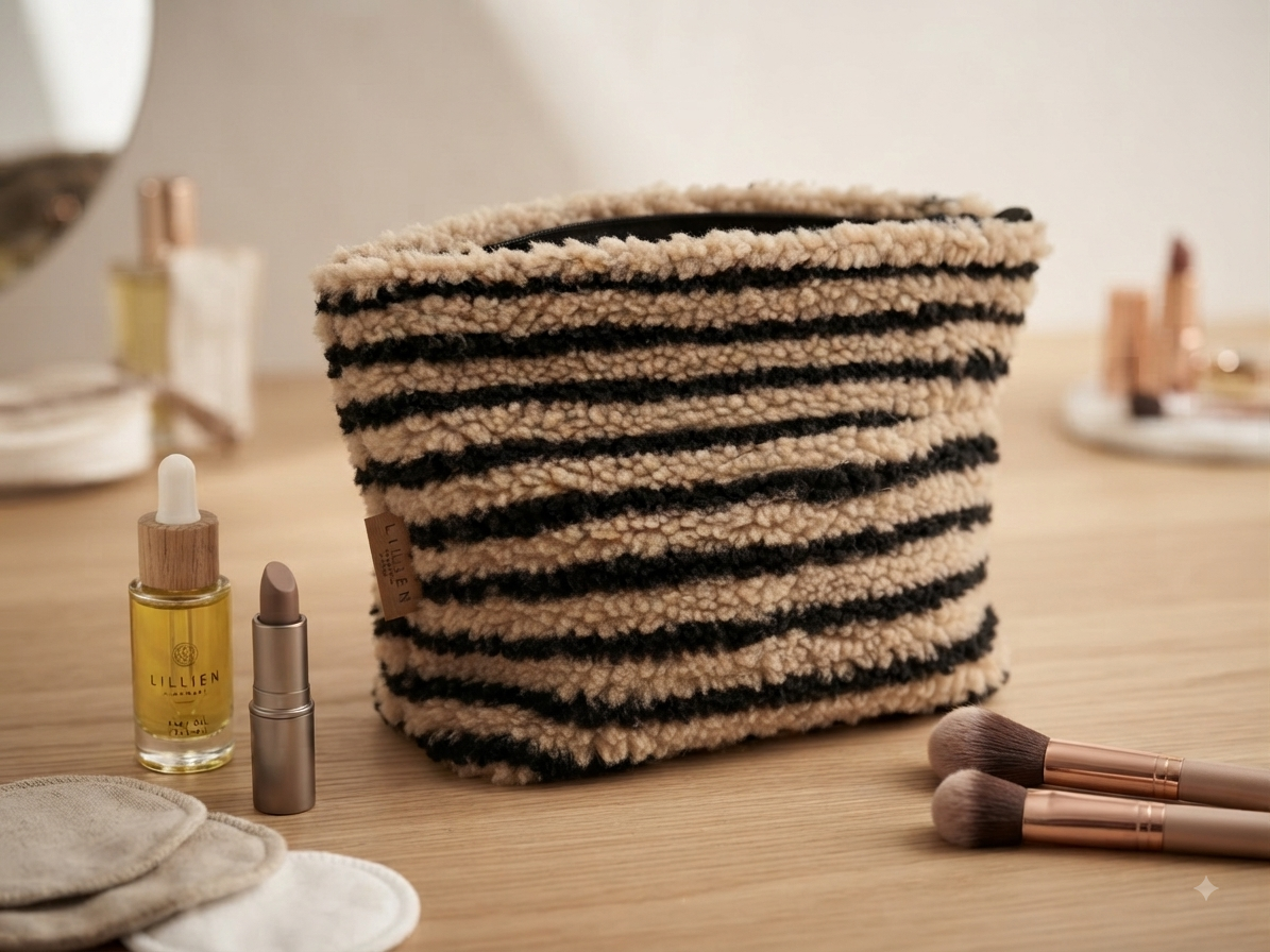 Kosmetiktasche Flauschige Make-up-Tasche schwarz-beige