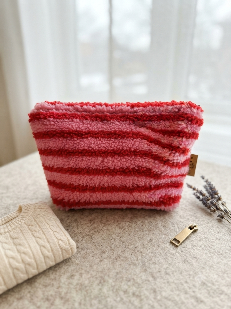 Kosmetiktasche Flauschige Make-up-Tasche / Rot-Rosa gestreift